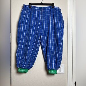 Men’s Blue Plaid Golf Knickers Pants with Green Cuffs. Comfort Elastic Sides.